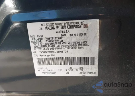 2013 Mazda Mazda6 I Touring from USA, damaged, VIN 1YVHZ8DH9D5M05705